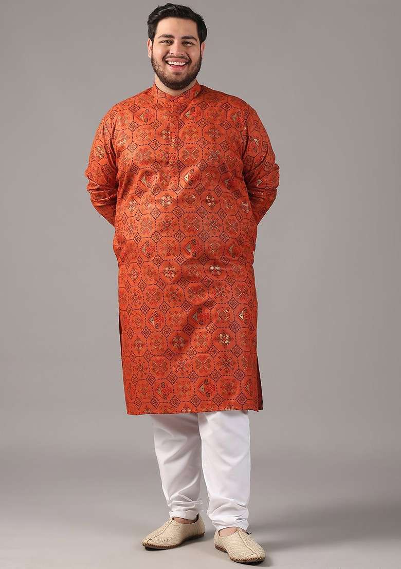 Orange Ethnic Motifs Poly Blend Kurta Set For Men - Indya