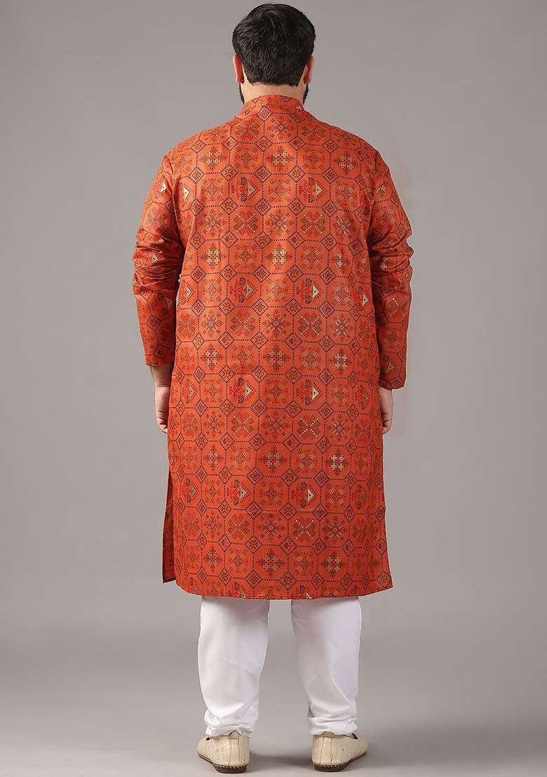 Orange Ethnic Motifs Poly Blend Kurta Set For Men - Indya