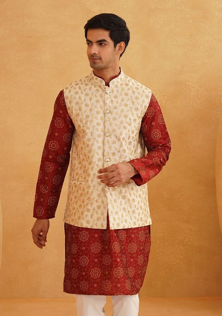 Maroon Printed Poly Blend Kurta Set For Men