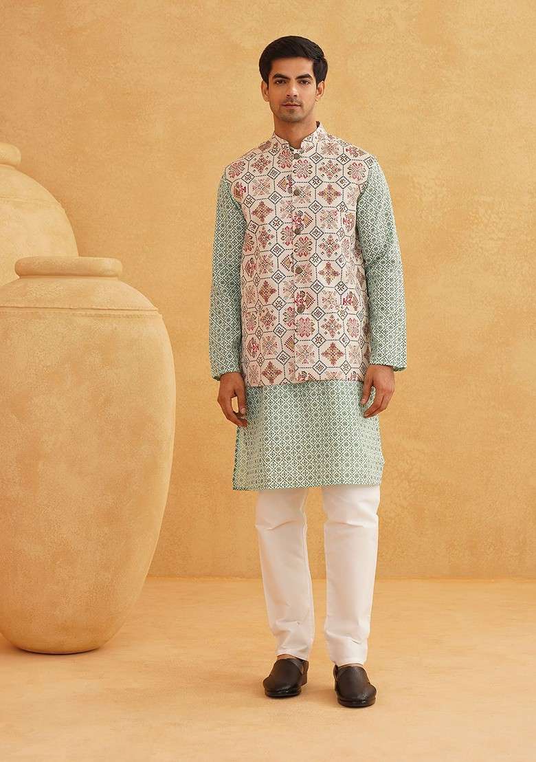 Sea Green Ethnic Motifs Poly Blend Kurta Set For Men - Indya