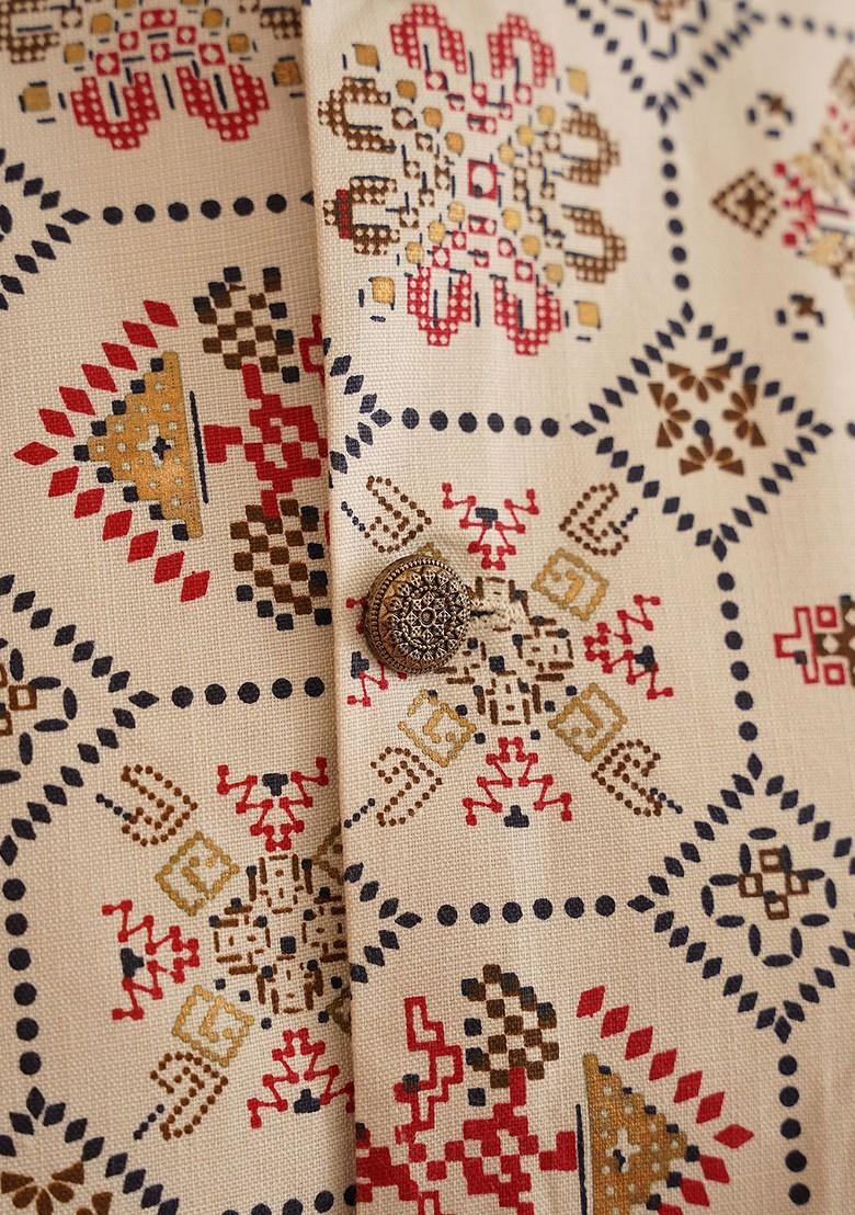 Sea Green Ethnic Motifs Poly Blend Kurta Set For Men