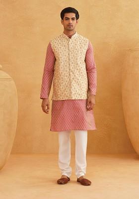 Pink Ethnic Motifs Poly Blend Kurta Set For Men