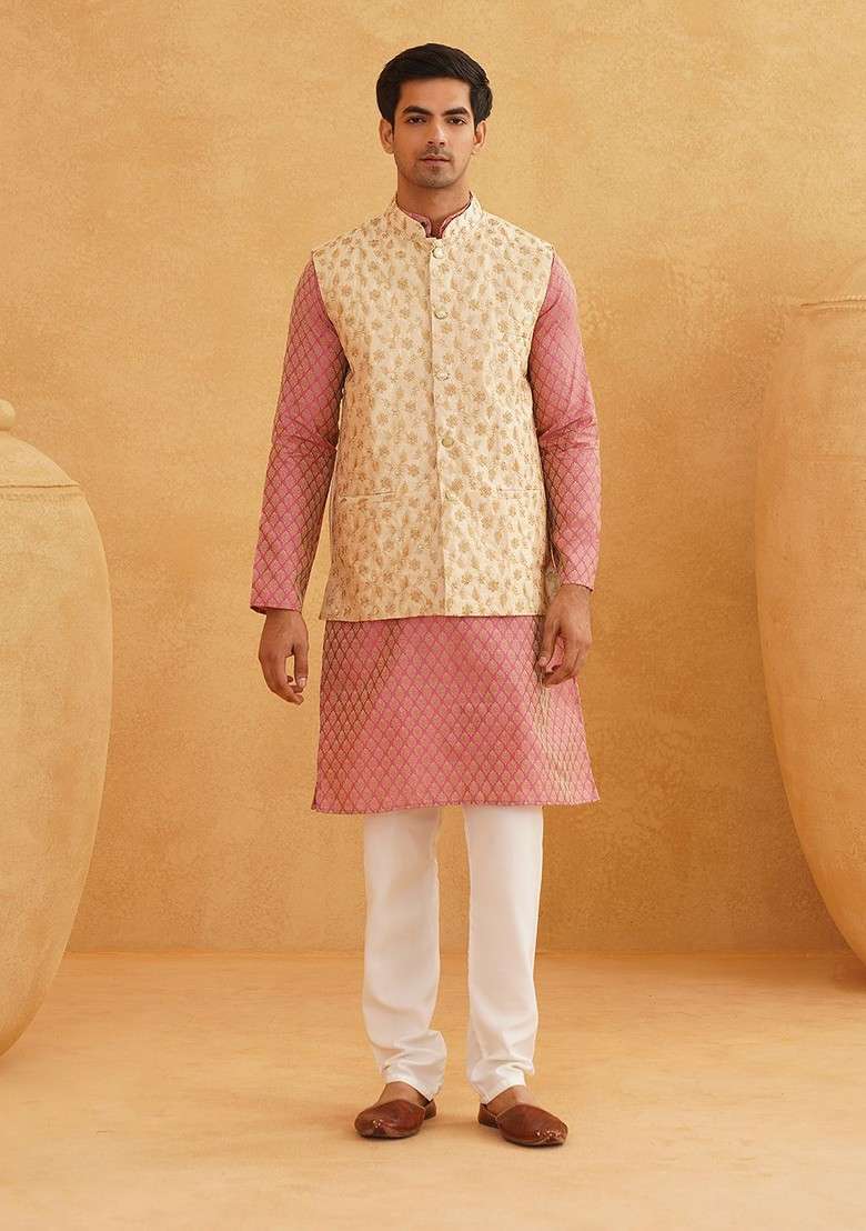 Pink Ethnic Motifs Poly Blend Kurta Set For Men - Indya