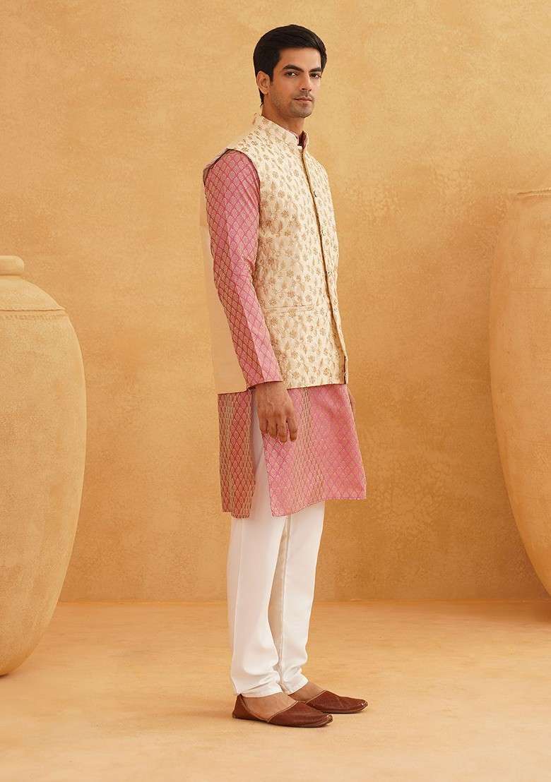 Pink Ethnic Motifs Poly Blend Kurta Set For Men - Indya