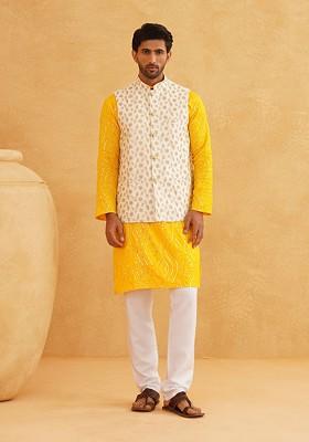 Mustard Sequin Work Cotton Kurta Set For Men