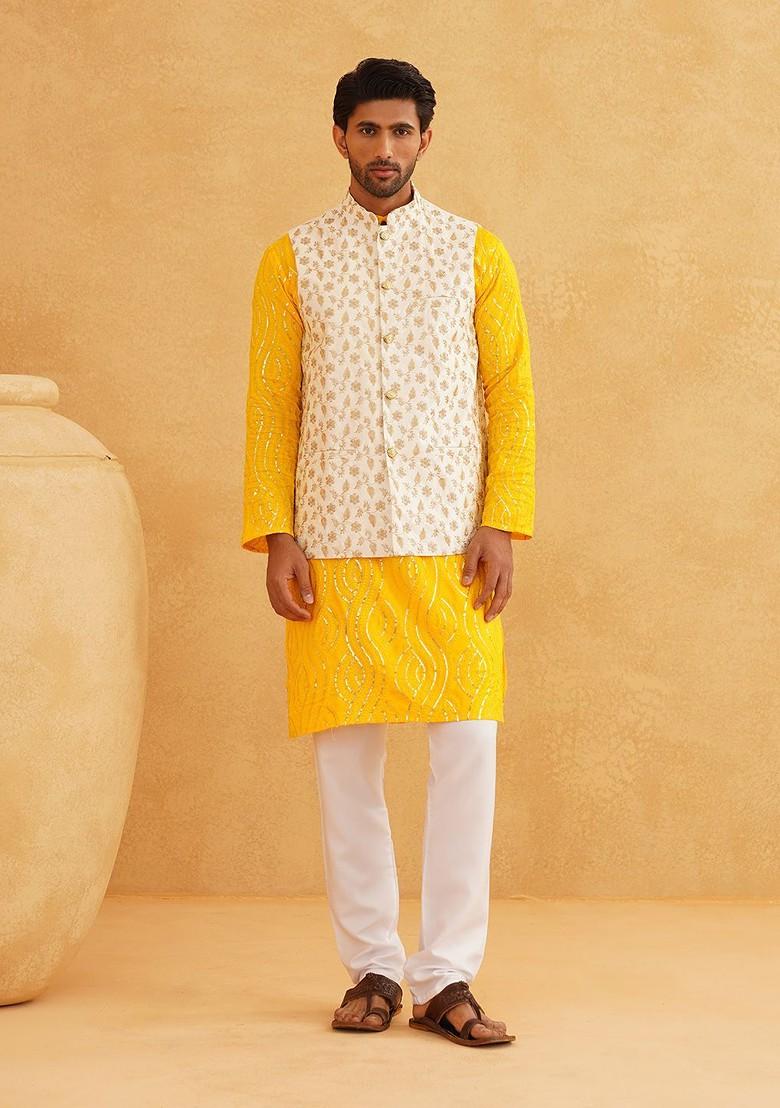 Mustard Sequin Work Cotton Kurta Set For Men