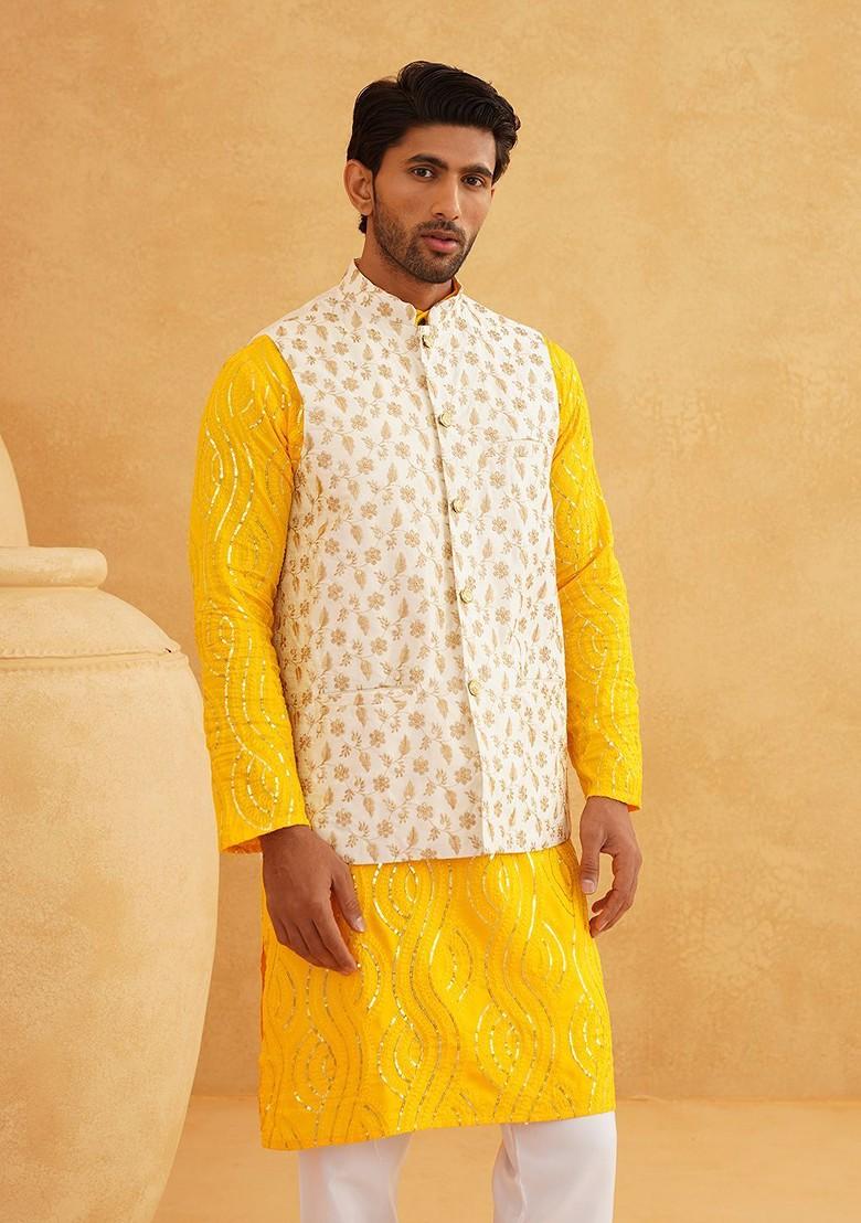 Mustard Sequin Work Cotton Kurta Set For Men