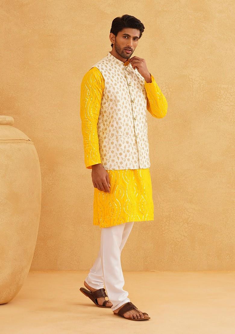 Mustard Sequin Work Cotton Kurta Set For Men