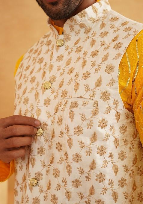 Mustard Sequin Work Cotton Kurta Set For Men