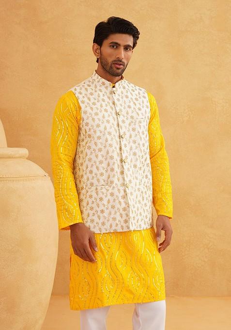 Mustard Sequin Work Cotton Kurta Set For Men