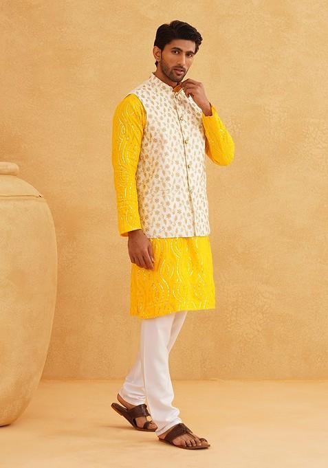 Mustard Sequin Work Cotton Kurta Set For Men