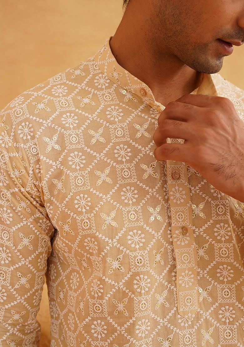 Beige Embroidered Cotton Kurta Set For Men
