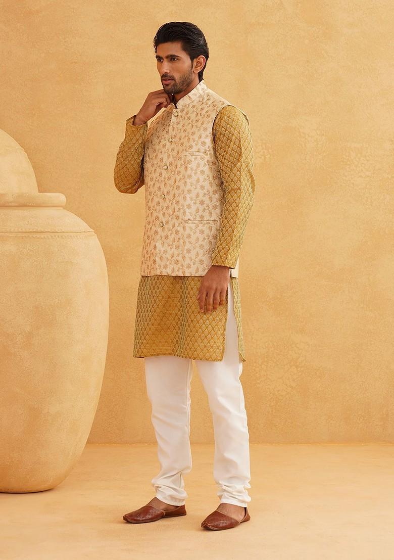 Mustard Ethnic Motifs Poly Blend Kurta Set For Men