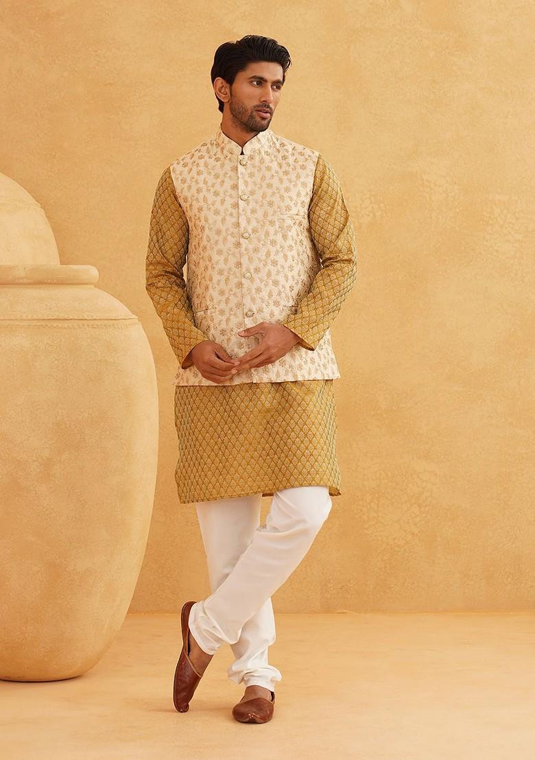 Mustard Ethnic Motifs Poly Blend Kurta Set For Men