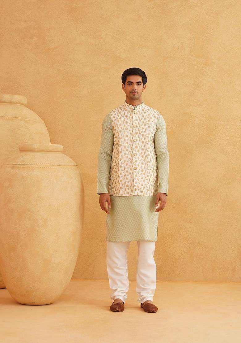 Green Ethnic Motifs Poly Blend Kurta Set For Men - Indya