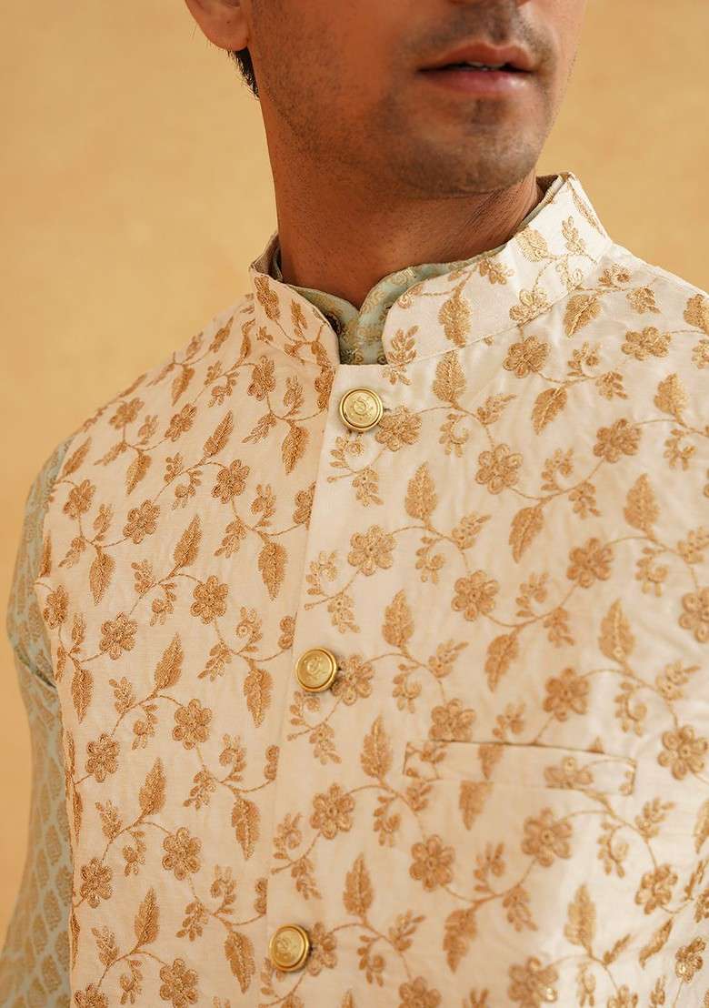 Green Ethnic Motifs Poly Blend Kurta Set For Men - Indya