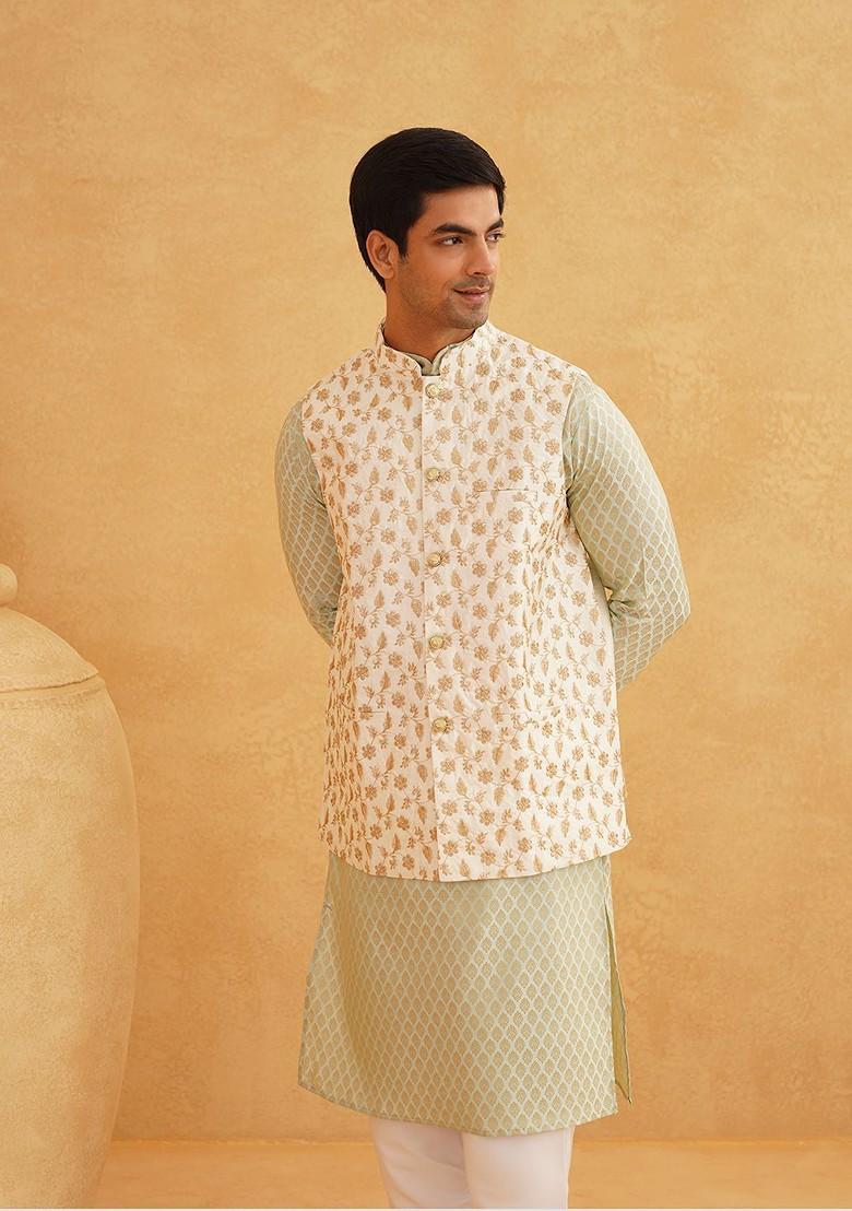Green Ethnic Motifs Poly Blend Kurta Set For Men
