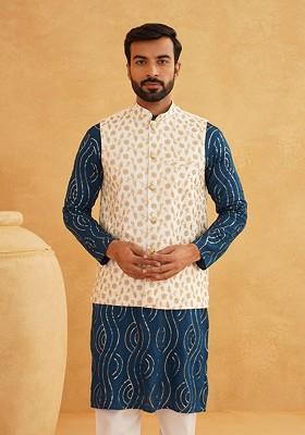 Teal Blue Sequin Work Cotton Kurta Set For Men