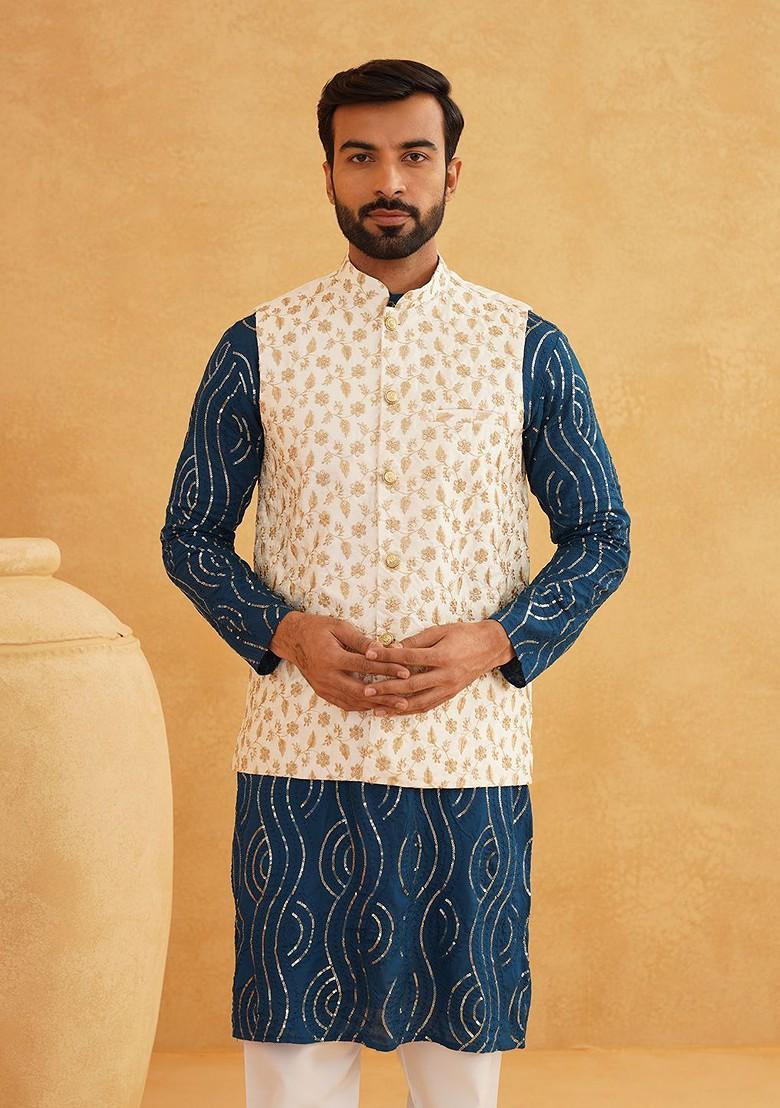 Teal Blue Sequin Work Cotton Kurta Set For Men