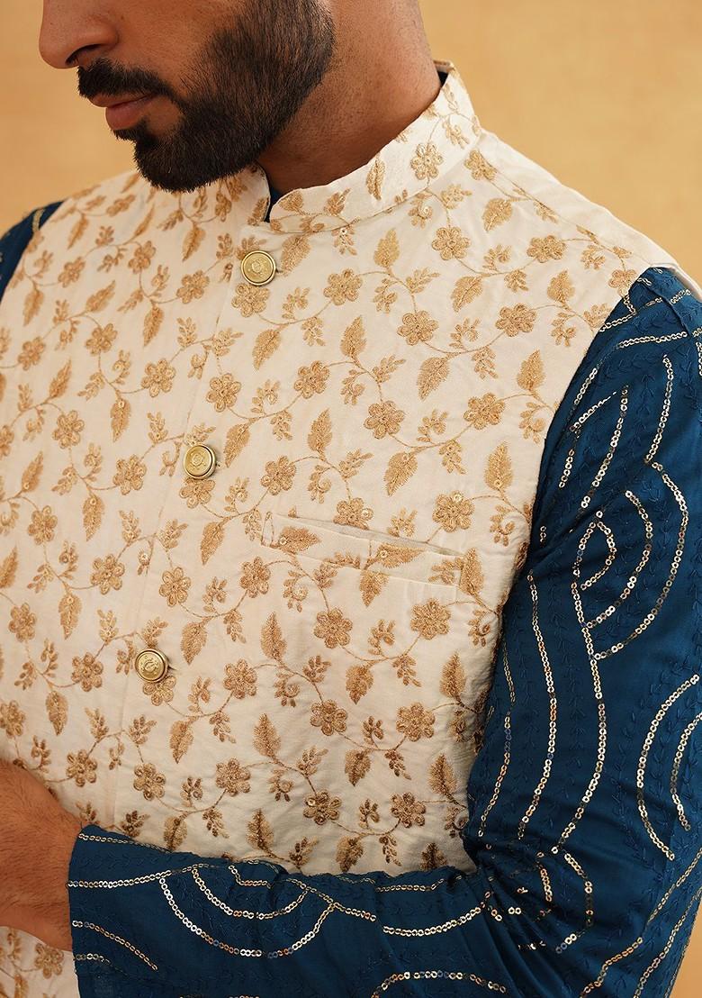 Teal Blue Sequin Work Cotton Kurta Set For Men