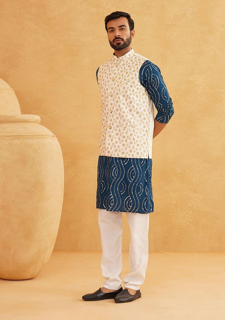 Teal Blue Sequin Work Cotton Kurta Set For Men