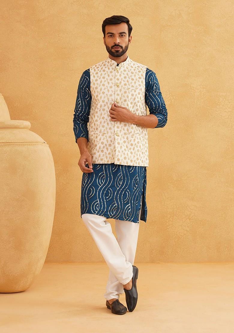 Teal Blue Sequin Work Cotton Kurta Set For Men