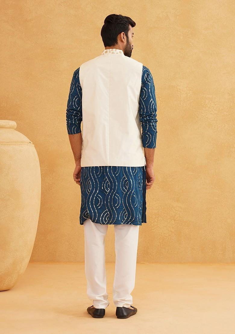 Teal Blue Sequin Work Cotton Kurta Set For Men