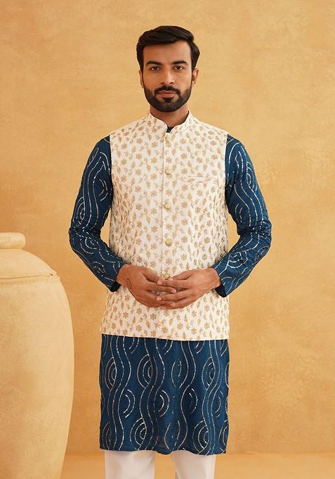 Teal Blue Sequin Work Cotton Kurta Set For Men