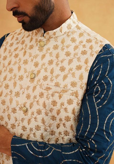 Teal Blue Sequin Work Cotton Kurta Set For Men