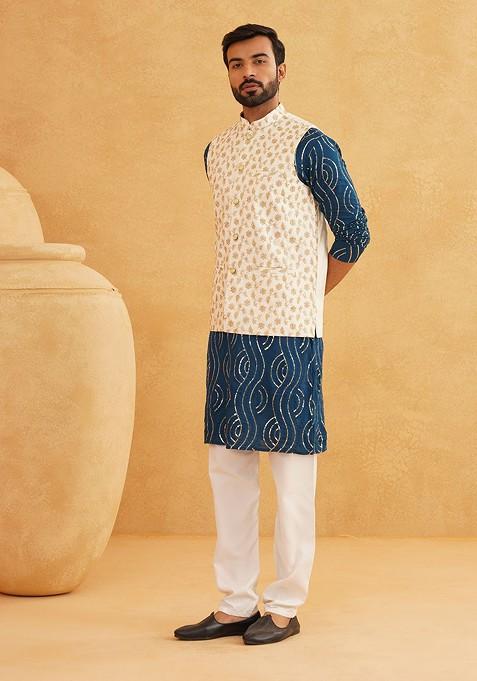Teal Blue Sequin Work Cotton Kurta Set For Men