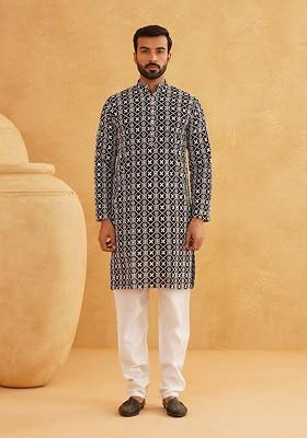 Black Embroidered Cotton Kurta Set For Men