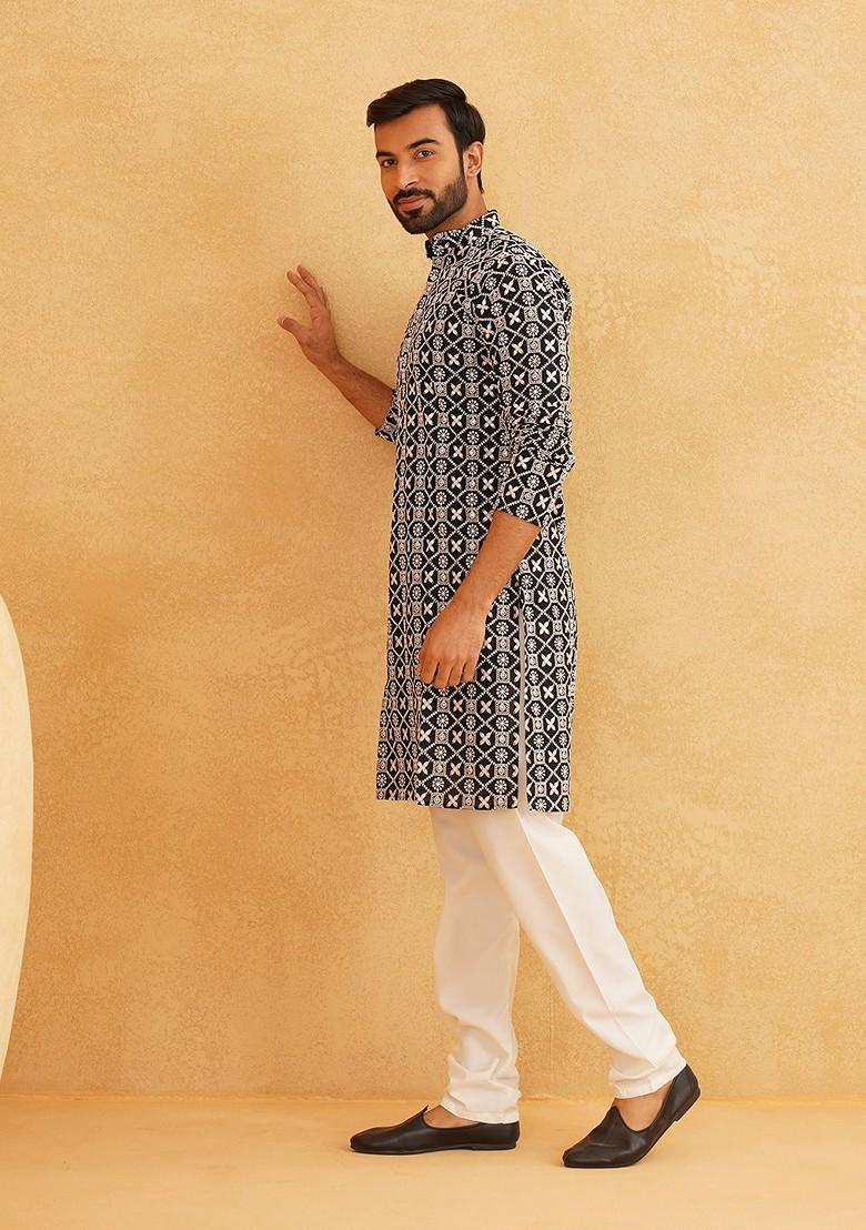 Black Embroidered Cotton Kurta Set For Men