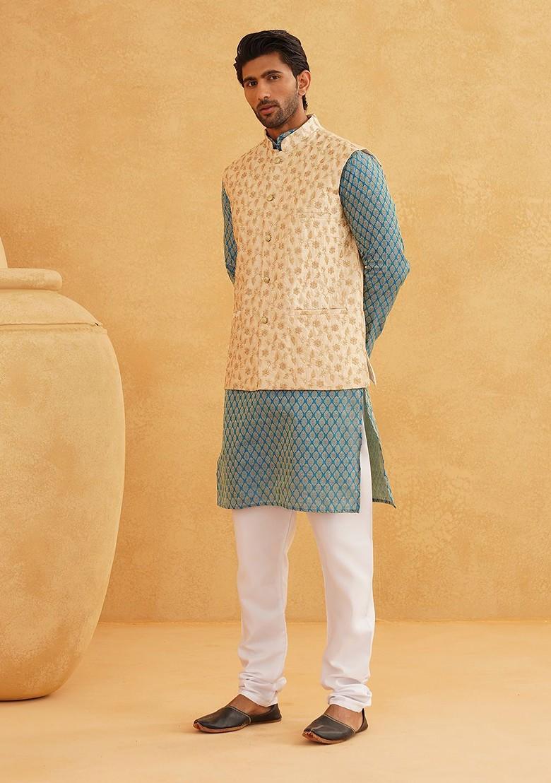 Teal Blue Ethnic Motifs Poly Blend Kurta Set For Men