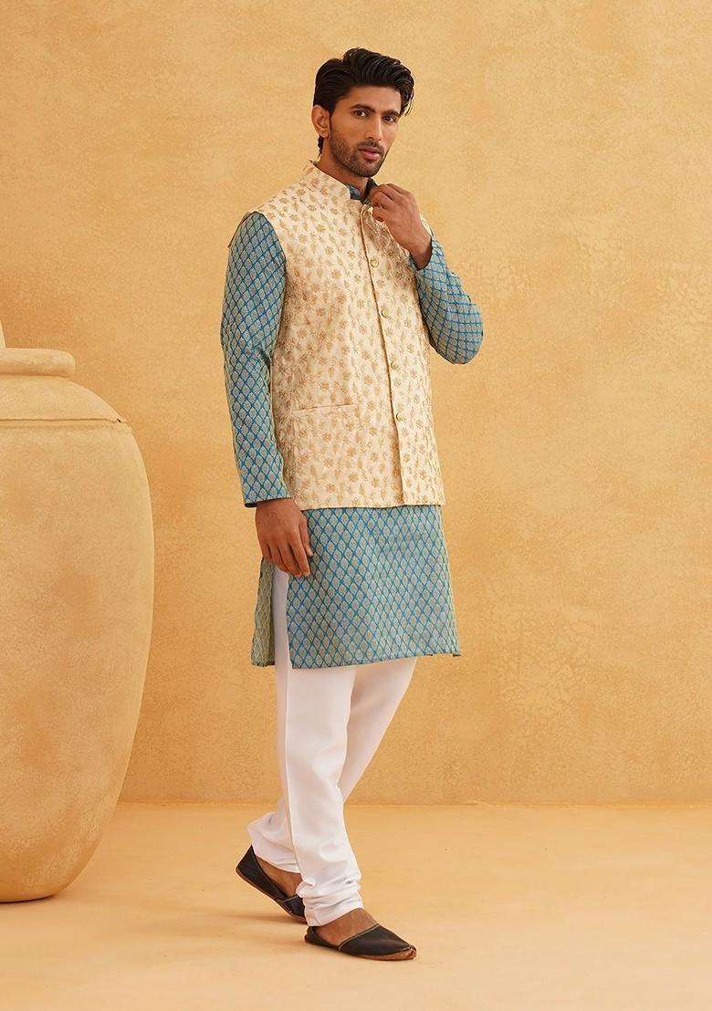 Teal Blue Ethnic Motifs Poly Blend Kurta Set For Men
