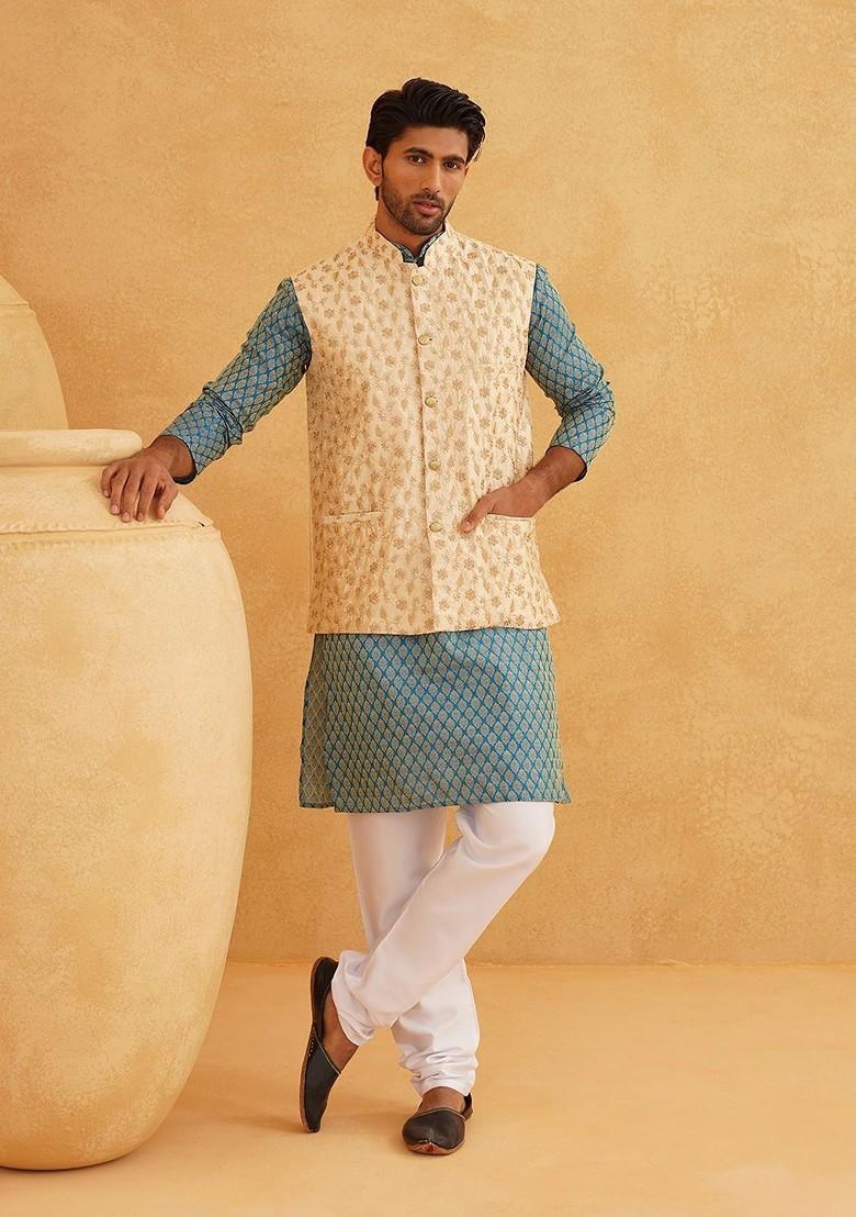 Teal Blue Ethnic Motifs Poly Blend Kurta Set For Men