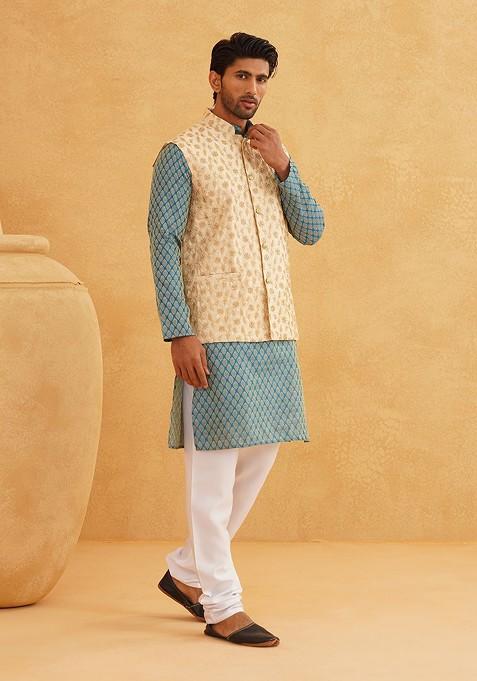 Teal Blue Ethnic Motifs Poly Blend Kurta Set For Men