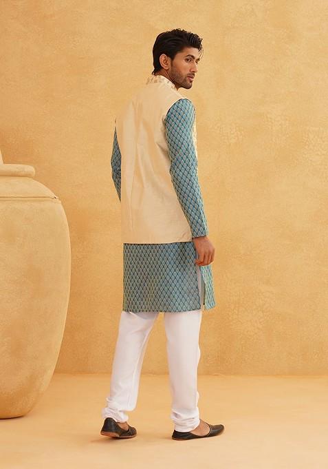 Teal Blue Ethnic Motifs Poly Blend Kurta Set For Men