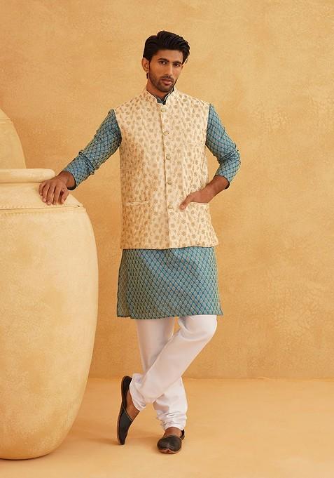 Teal Blue Ethnic Motifs Poly Blend Kurta Set For Men