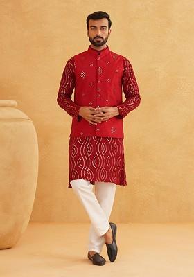 Maroon Sequin Work Cotton Kurta Set For Men