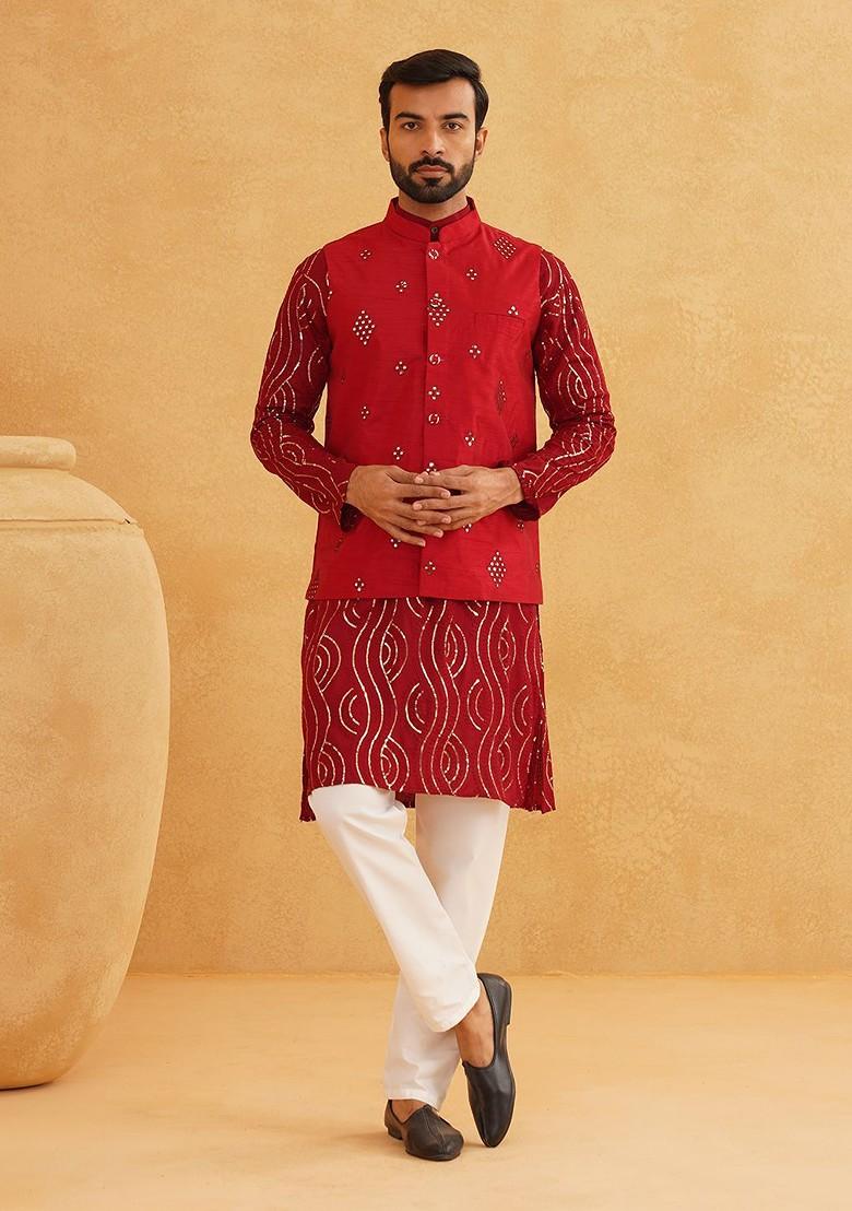 Maroon Sequin Work Cotton Kurta Set For Men