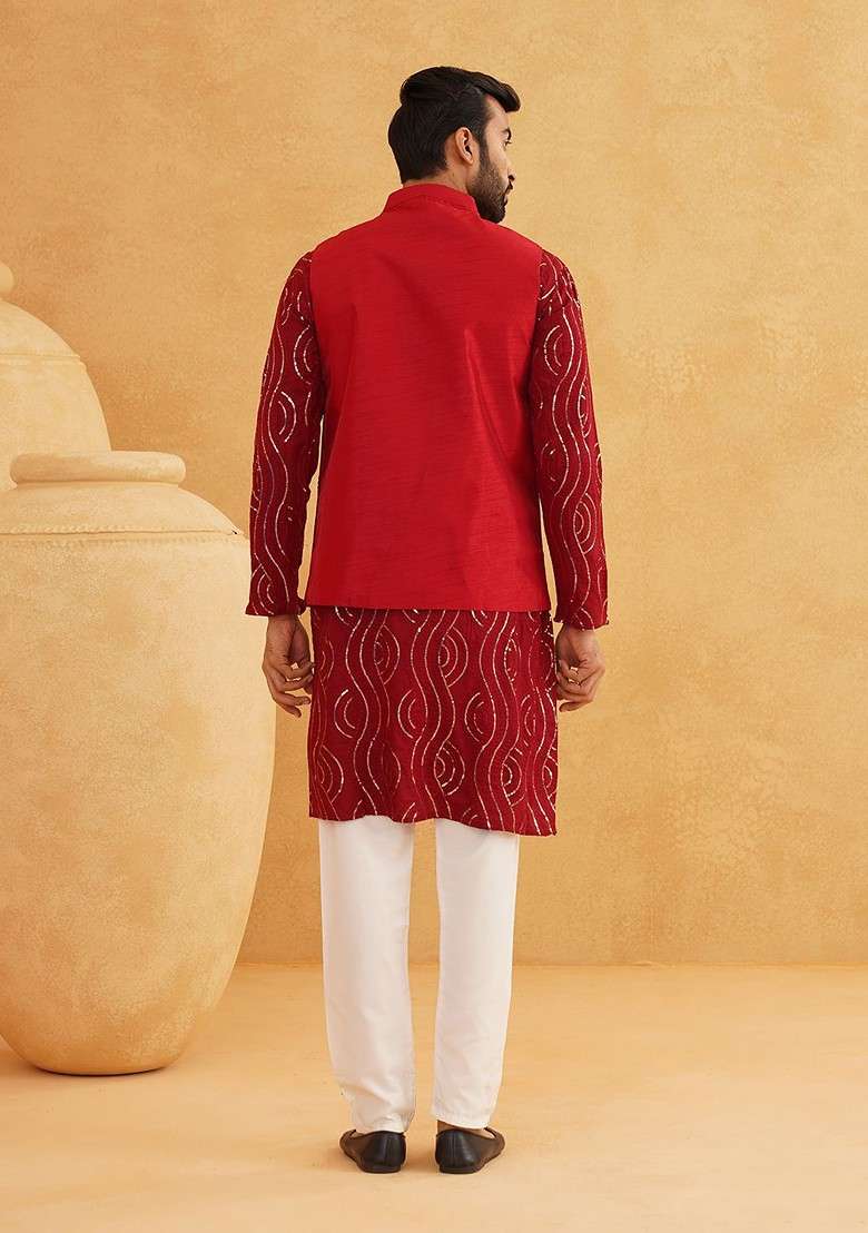 Maroon Sequin Work Cotton Kurta Set For Men - Indya