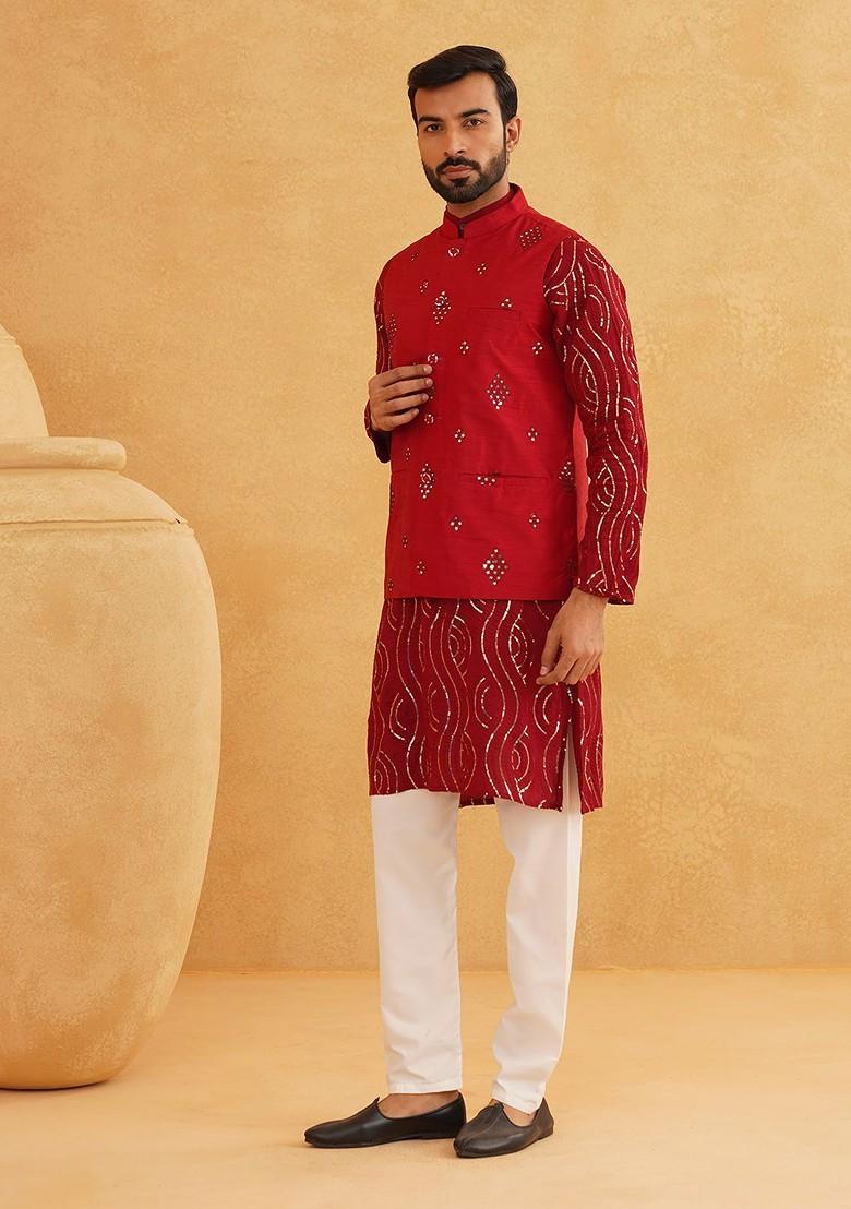 Maroon Sequin Work Cotton Kurta Set For Men