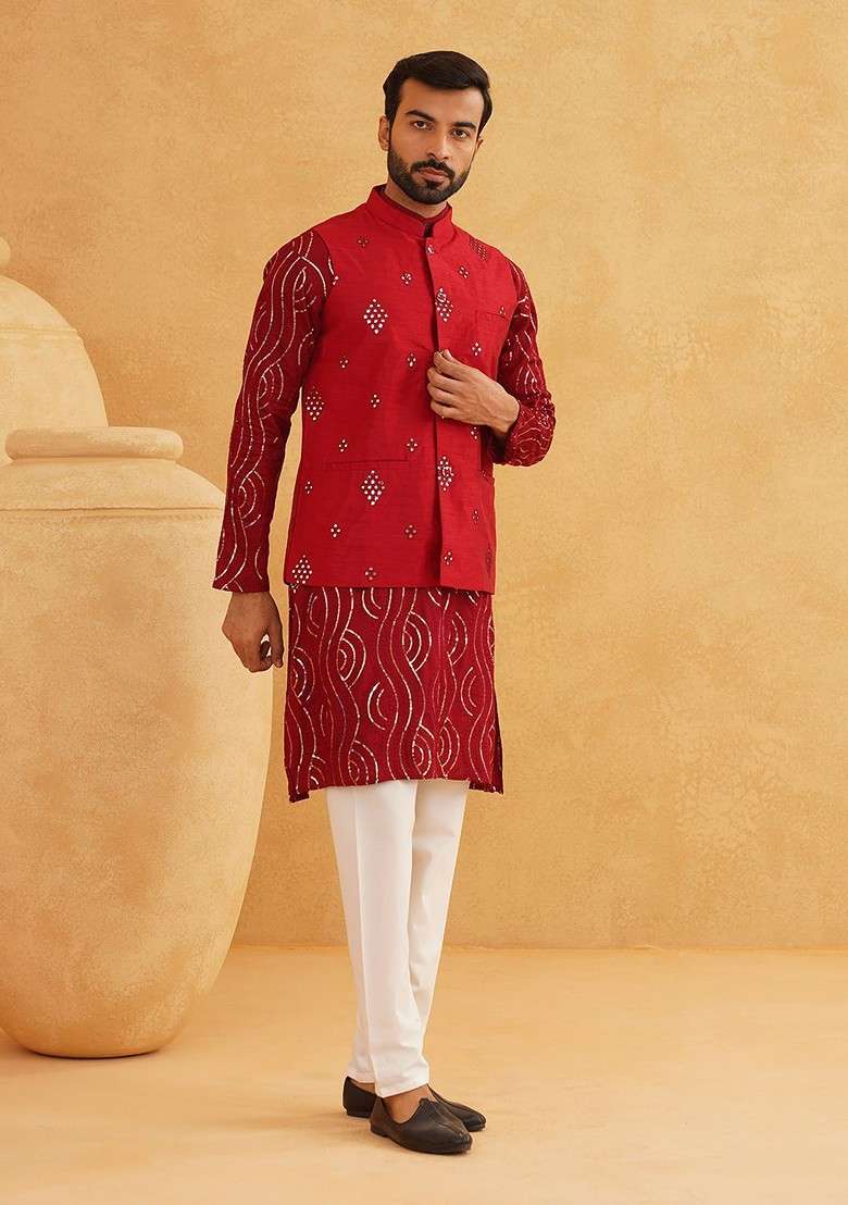 Maroon Sequin Work Cotton Kurta Set For Men - Indya