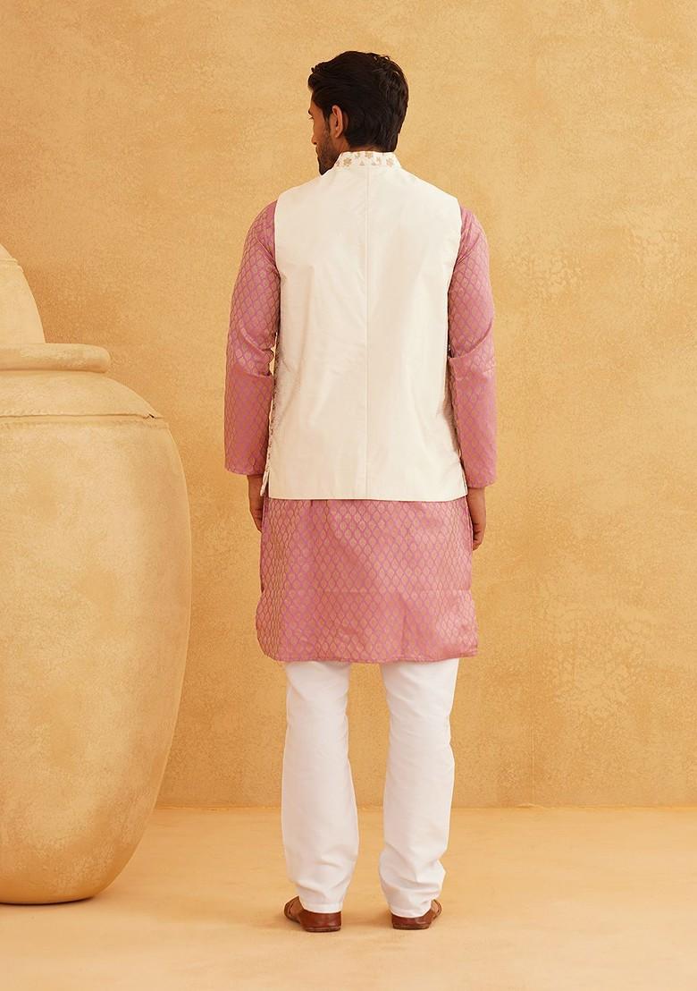 Pink Ethnic Motifs Poly Blend Kurta Set For Men