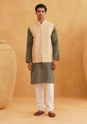 Green Ethnic Motifs Poly Blend Kurta Set For Men