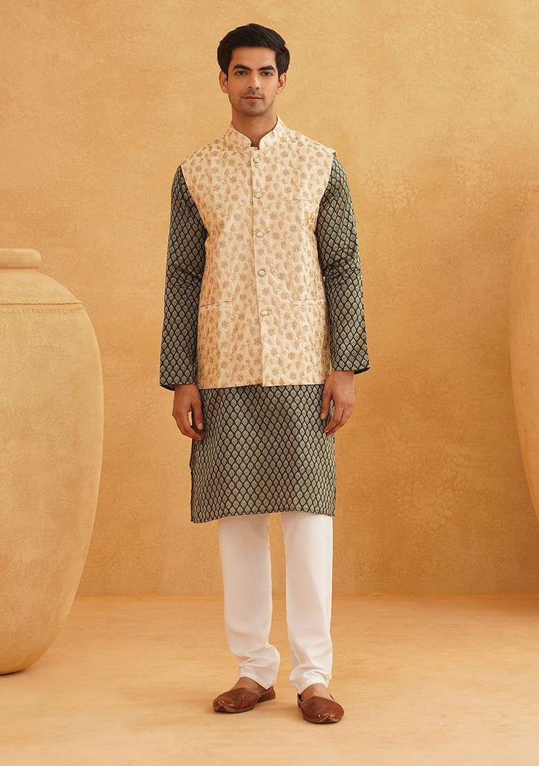 Green Ethnic Motifs Poly Blend Kurta Set For Men - Indya