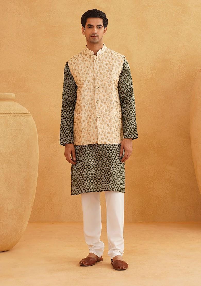 Green Ethnic Motifs Poly Blend Kurta Set For Men
