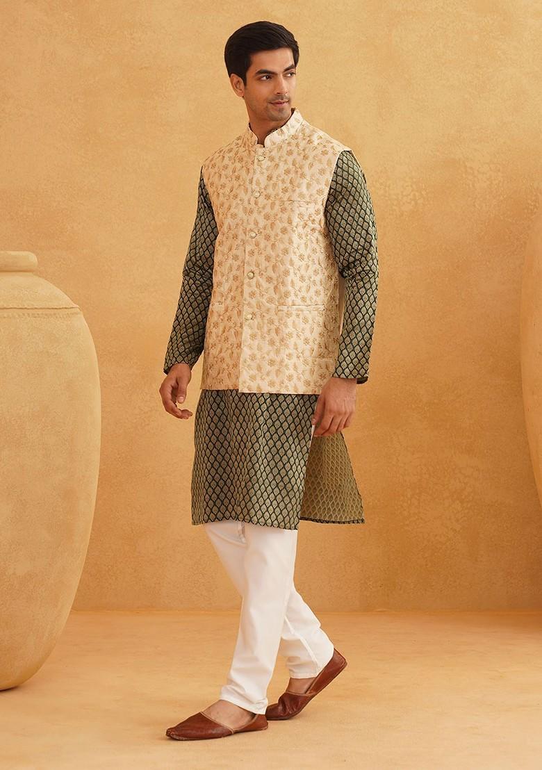 Green Ethnic Motifs Poly Blend Kurta Set For Men