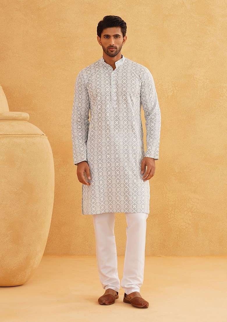 Grey Embroidered Cotton Kurta Set For Men - Indya