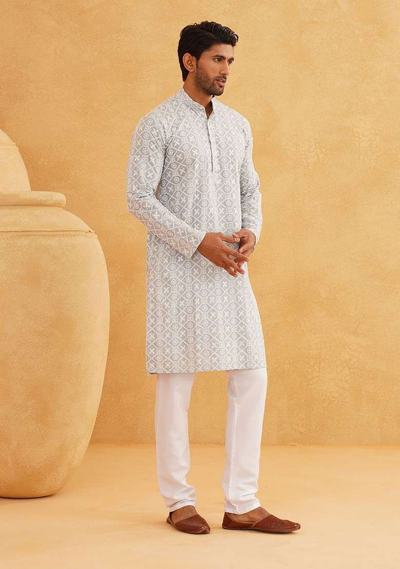 Grey Embroidered Cotton Kurta Set For Men - Indya